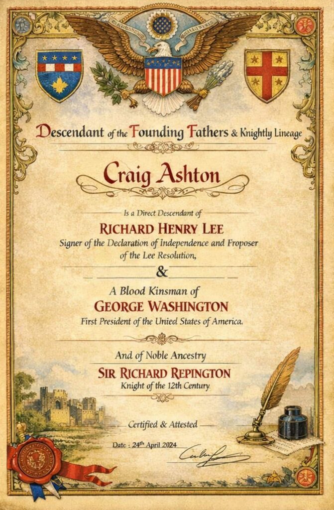 A decorative certificate with heraldic symbols, gold borders, and an eagle. It declares Craig Ashton as a descendant of Richard Henry Lee and George Washington, and of noble ancestry from Sir Richard Repington. Dated 24 April 2024.