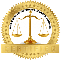 A gold seal featuring balanced scales in the center, with the words WHOS WHO TOP ATTORNEYS OF NORTH AMERICA around the scales and a gold banner at the bottom reading CERTIFIED.